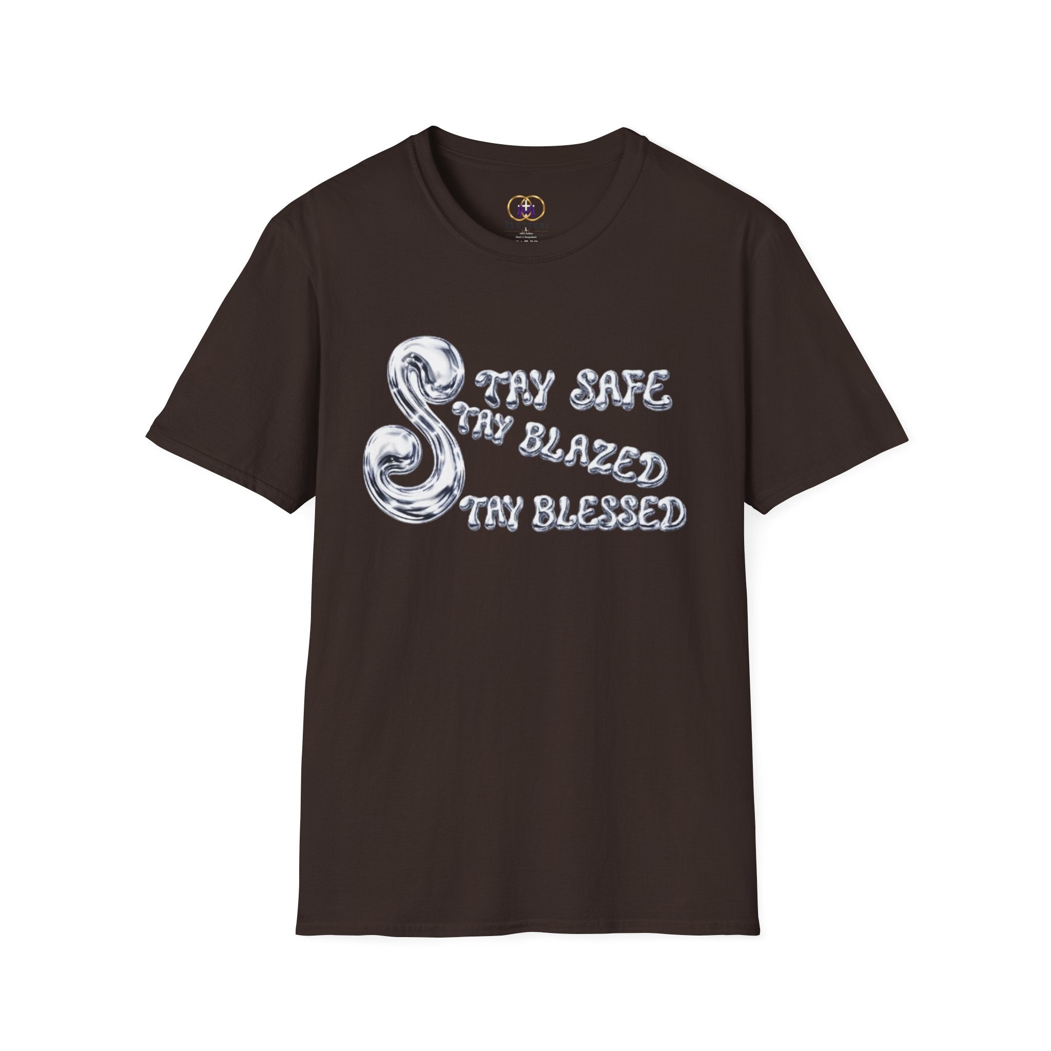 T-Shirt — 'Stay Safe, Stay Blazed, Stay Blessed' Smoky Script Graphic